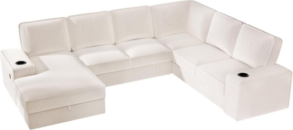 PaPaJet U Shaped Couch, 112 Inch Oversized Corduroy Grey Sectional Sofa with Storage Chaise, 7 Seater, Plush Cushions, Metal Frame