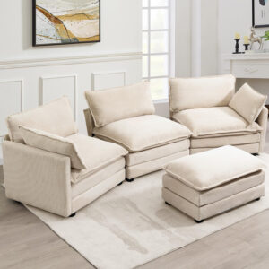 ROWHY Oversized Modular Sectional Sofa with Movable Ottoman, 112 Inch 4 Seat Modern Corduroy Sofa Set, Convertible L Shaped Couch for Living Room and Office, Beige
