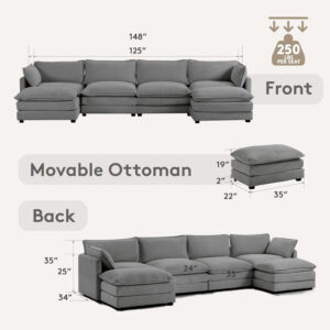 ROWHY Oversized Modular Sectional Sofa with Movable Ottoman, 112 Inch 4 Seat Modern Corduroy Sofa Set, Convertible L Shaped Couch for Living Room and Office, Beige