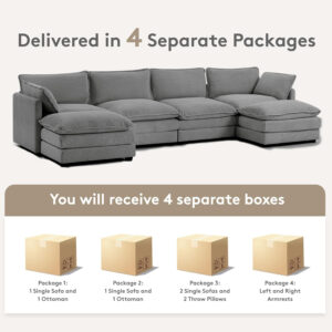 ROWHY Oversized Modular Sectional Sofa with Movable Ottoman, 112 Inch 4 Seat Modern Corduroy Sofa Set, Convertible L Shaped Couch for Living Room and Office, Beige