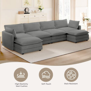 ROWHY Oversized Modular Sectional Sofa with Movable Ottoman, 112 Inch 4 Seat Modern Corduroy Sofa Set, Convertible L Shaped Couch for Living Room and Office, Beige