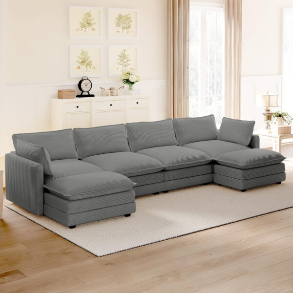 ROWHY Oversized Modular Sectional Sofa with Movable Ottoman, 112 Inch 4 Seat Modern Corduroy Sofa Set, Convertible L Shaped Couch for Living Room and Office, Beige