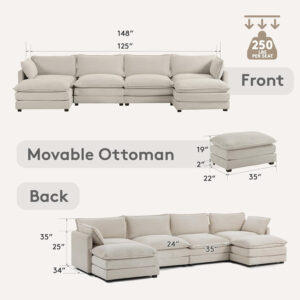 ROWHY Oversized Modular Sectional Sofa with Movable Ottoman, 112 Inch 4 Seat Modern Corduroy Sofa Set, Convertible L Shaped Couch for Living Room and Office, Beige