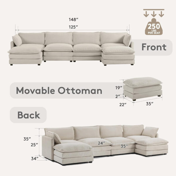 ROWHY Oversized Modular Sectional Sofa with Movable Ottoman, 112 Inch 4 Seat Modern Corduroy Sofa Set, Convertible L Shaped Couch for Living Room and Office, Beige