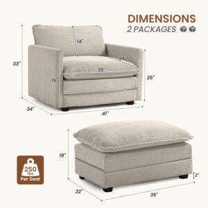 ROWHY Oversized Modular Sectional Sofa with Movable Ottoman, 112 Inch 4 Seat Modern Corduroy Sofa Set, Convertible L Shaped Couch for Living Room and Office, Beige