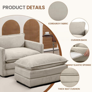 ROWHY Oversized Modular Sectional Sofa with Movable Ottoman, 112 Inch 4 Seat Modern Corduroy Sofa Set, Convertible L Shaped Couch for Living Room and Office, Beige
