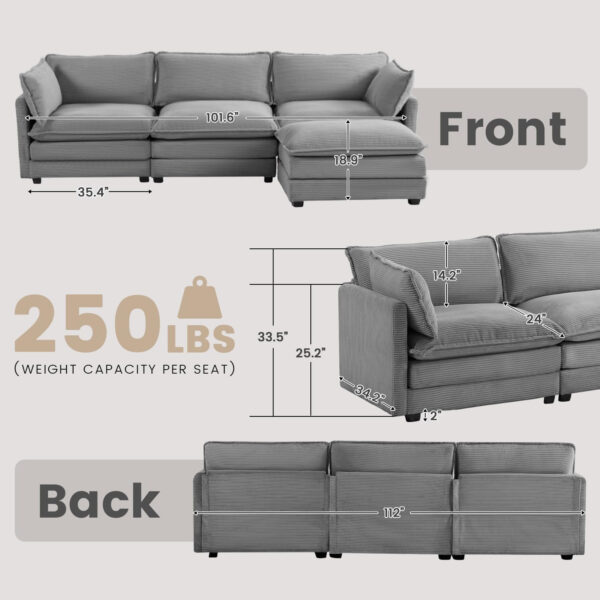 ROWHY Oversized Modular Sectional Sofa with Movable Ottoman, 112 Inch 4 Seat Modern Corduroy Sofa Set, Convertible L Shaped Couch for Living Room and Office, Beige
