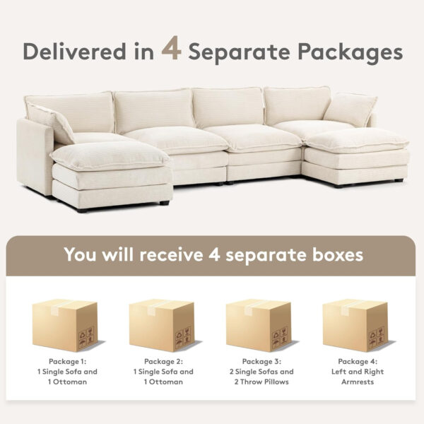 ROWHY Oversized Modular Sectional Sofa with Movable Ottoman, 112 Inch 4 Seat Modern Corduroy Sofa Set, Convertible L Shaped Couch for Living Room and Office, Beige
