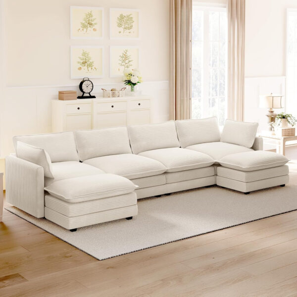 ROWHY Oversized Modular Sectional Sofa with Movable Ottoman, 112 Inch 4 Seat Modern Corduroy Sofa Set, Convertible L Shaped Couch for Living Room and Office, Beige