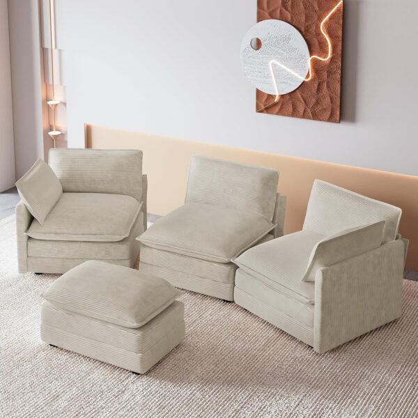 ROWHY Oversized Modular Sectional Sofa with Movable Ottoman, 112 Inch 4 Seat Modern Corduroy Sofa Set, Convertible L Shaped Couch for Living Room and Office, Beige