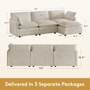 ROWHY Oversized Modular Sectional Sofa with Movable Ottoman, 112 Inch 4 Seat Modern Corduroy Sofa Set, Convertible L Shaped Couch for Living Room and Office, Beige
