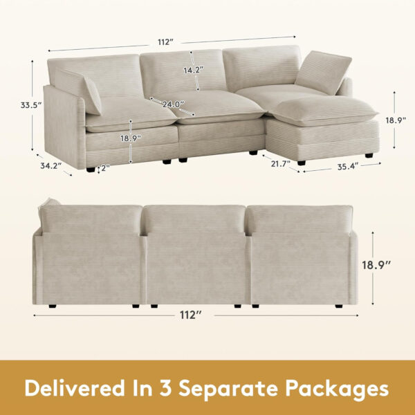 ROWHY Oversized Modular Sectional Sofa with Movable Ottoman, 112 Inch 4 Seat Modern Corduroy Sofa Set, Convertible L Shaped Couch for Living Room and Office, Beige