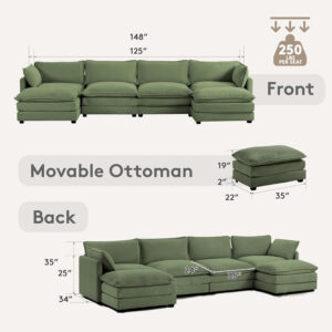 ROWHY Oversized Modular Sectional Sofa with Movable Ottoman, 112 Inch 4 Seat Modern Corduroy Sofa Set, Convertible L Shaped Couch for Living Room and Office, Beige