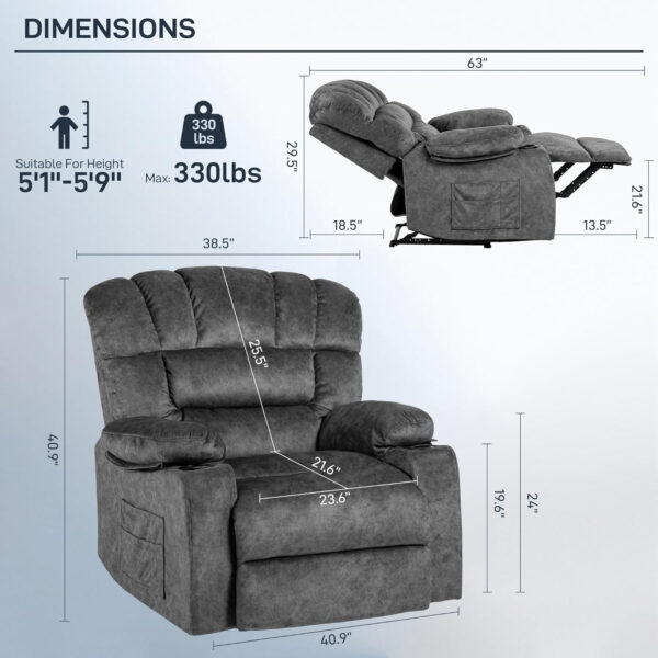 Recliner Chair Modern Ergonomic Lounge Single Sofa Seat Living Room Gravity Recliners Foam Filling 2 Cup Holders & Side Pocket