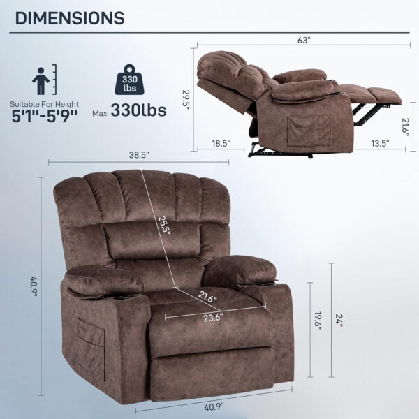 Recliner Chair Modern Ergonomic Lounge Single Sofa Seat Living Room Gravity Recliners Foam Filling 2 Cup Holders & Side Pocket