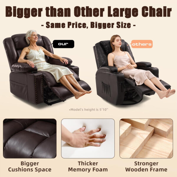 Large Power Lift Chairs Recliners for Elderly with Heated and Massage, Overstuffed Adjustable Lift Chairs, 3 Positions, Breathable Leather, USB-A and USB-C, Cup Holder, Side Pocket Dark Brown