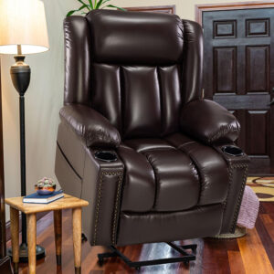 Large Power Lift Chairs Recliners for Elderly with Heated and Massage, Overstuffed Adjustable Lift Chairs, 3 Positions, Breathable Leather, USB-A and USB-C, Cup Holder, Side Pocket Dark Brown