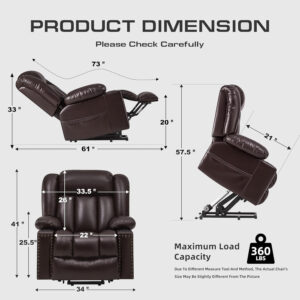 Large Power Lift Chairs Recliners for Elderly with Heated and Massage, Overstuffed Adjustable Lift Chairs, 3 Positions, Breathable Leather, USB-A and USB-C, Cup Holder, Side Pocket Dark Brown