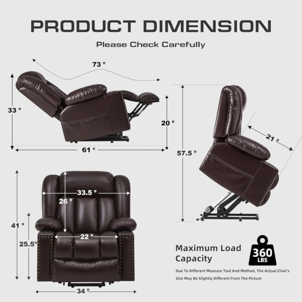 Large Power Lift Chairs Recliners for Elderly with Heated and Massage, Overstuffed Adjustable Lift Chairs, 3 Positions, Breathable Leather, USB-A and USB-C, Cup Holder, Side Pocket Dark Brown