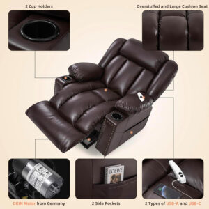 Large Power Lift Chairs Recliners for Elderly with Heated and Massage, Overstuffed Adjustable Lift Chairs, 3 Positions, Breathable Leather, USB-A and USB-C, Cup Holder, Side Pocket Dark Brown