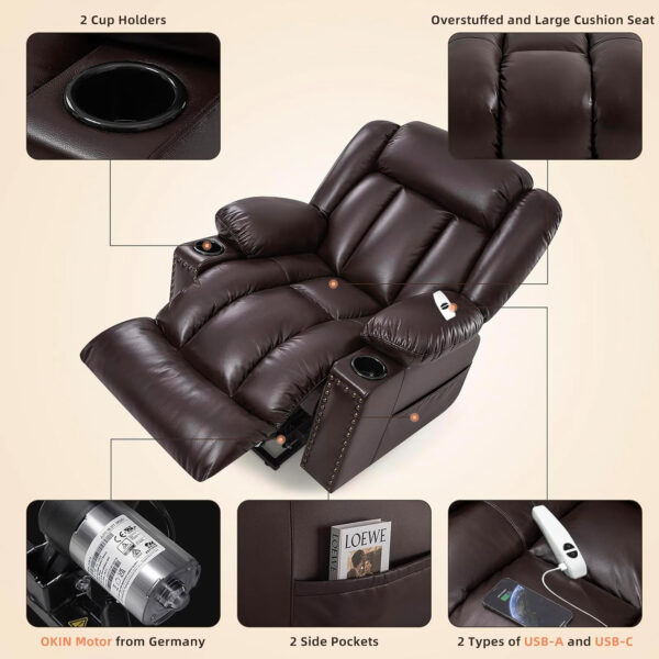 Large Power Lift Chairs Recliners for Elderly with Heated and Massage, Overstuffed Adjustable Lift Chairs, 3 Positions, Breathable Leather, USB-A and USB-C, Cup Holder, Side Pocket Dark Brown