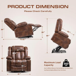 Large Power Lift Chairs Recliners for Elderly with Heated and Massage, Overstuffed Adjustable Lift Chairs, 3 Positions, Breathable Leather, USB-A and USB-C, Cup Holder, Side Pocket Dark Brown