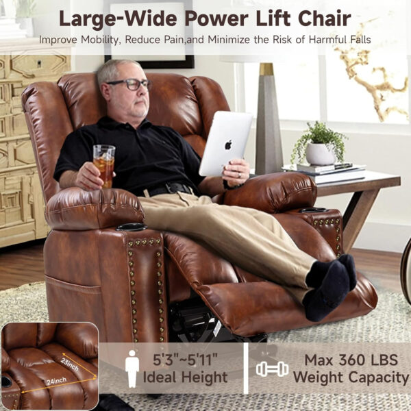 Large Power Lift Chairs Recliners for Elderly with Heated and Massage, Overstuffed Adjustable Lift Chairs, 3 Positions, Breathable Leather, USB-A and USB-C, Cup Holder, Side Pocket Dark Brown