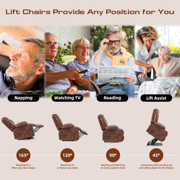Large Power Lift Chairs Recliners for Elderly with Heated and Massage, Overstuffed Adjustable Lift Chairs, 3 Positions, Breathable Leather, USB-A and USB-C, Cup Holder, Side Pocket Dark Brown