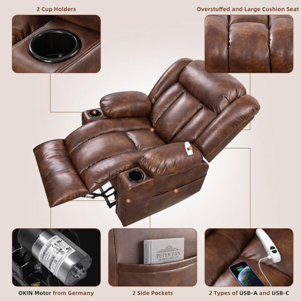 Large Power Lift Chairs Recliners for Elderly with Heated and Massage, Overstuffed Adjustable Lift Chairs, 3 Positions, Breathable Leather, USB-A and USB-C, Cup Holder, Side Pocket Dark Brown