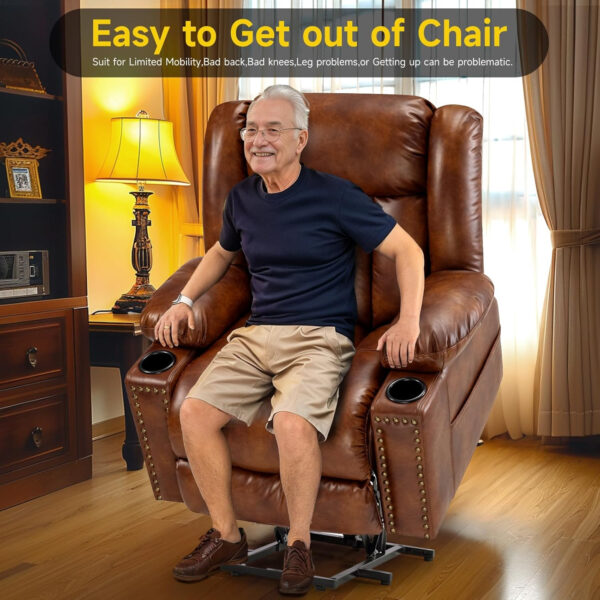 Large Power Lift Chairs Recliners for Elderly with Heated and Massage, Overstuffed Adjustable Lift Chairs, 3 Positions, Breathable Leather, USB-A and USB-C, Cup Holder, Side Pocket Dark Brown