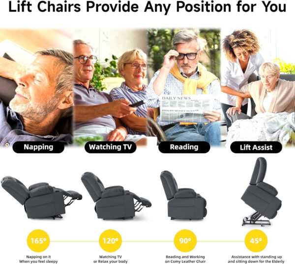 Large Power Lift Chairs Recliners for Elderly with Heated and Massage, Overstuffed Adjustable Lift Chairs, 3 Positions, Breathable Leather, USB-A and USB-C, Cup Holder, Side Pocket Dark Brown