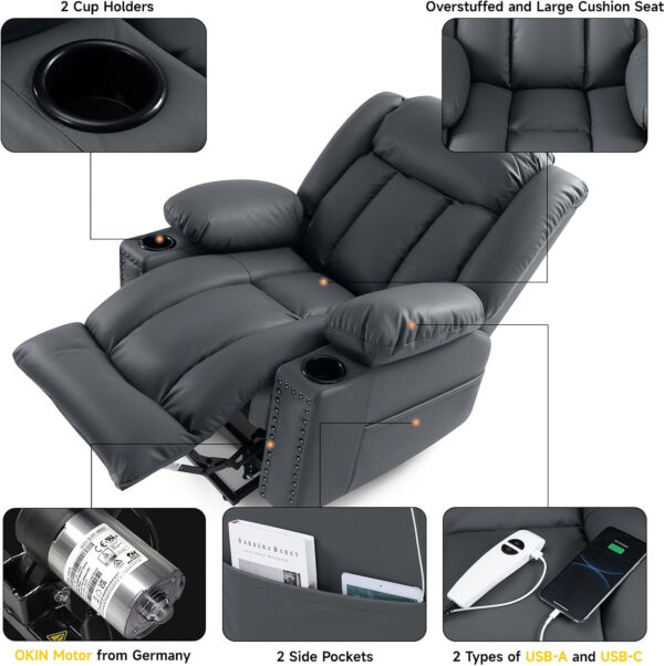 Large Power Lift Chairs Recliners for Elderly with Heated and Massage, Overstuffed Adjustable Lift Chairs, 3 Positions, Breathable Leather, USB-A and USB-C, Cup Holder, Side Pocket Dark Brown