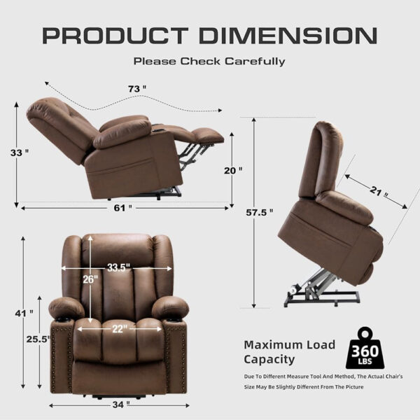 Large Power Lift Chairs Recliners for Elderly with Heated and Massage, Overstuffed Adjustable Lift Chairs, 3 Positions, Breathable Leather, USB-A and USB-C, Cup Holder, Side Pocket Dark Brown
