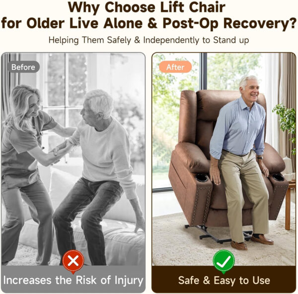 Large Power Lift Chairs Recliners for Elderly with Heated and Massage, Overstuffed Adjustable Lift Chairs, 3 Positions, Breathable Leather, USB-A and USB-C, Cup Holder, Side Pocket Dark Brown