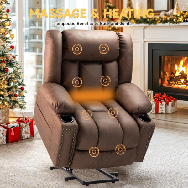 Large Power Lift Chairs Recliners for Elderly with Heated and Massage, Overstuffed Adjustable Lift Chairs, 3 Positions, Breathable Leather, USB-A and USB-C, Cup Holder, Side Pocket Dark Brown