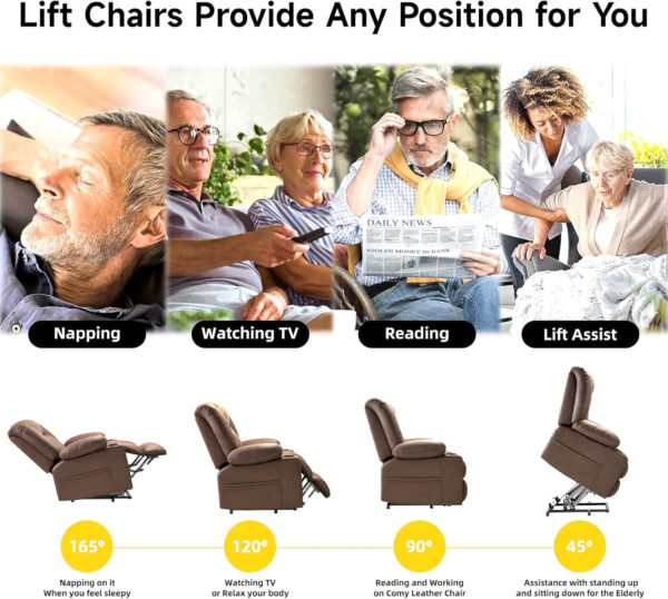 Large Power Lift Chairs Recliners for Elderly with Heated and Massage, Overstuffed Adjustable Lift Chairs, 3 Positions, Breathable Leather, USB-A and USB-C, Cup Holder, Side Pocket Dark Brown