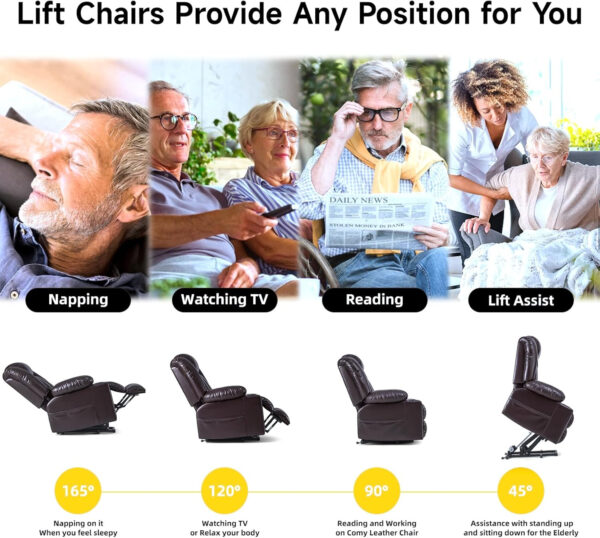 Large Power Lift Chairs Recliners for Elderly with Heated and Massage, Overstuffed Adjustable Lift Chairs, 3 Positions, Breathable Leather, USB-A and USB-C, Cup Holder, Side Pocket Dark Brown