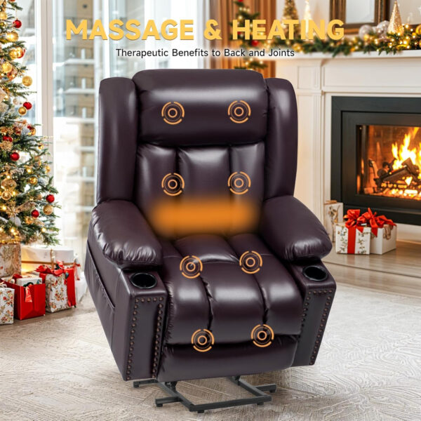 Large Power Lift Chairs Recliners for Elderly with Heated and Massage, Overstuffed Adjustable Lift Chairs, 3 Positions, Breathable Leather, USB-A and USB-C, Cup Holder, Side Pocket Dark Brown