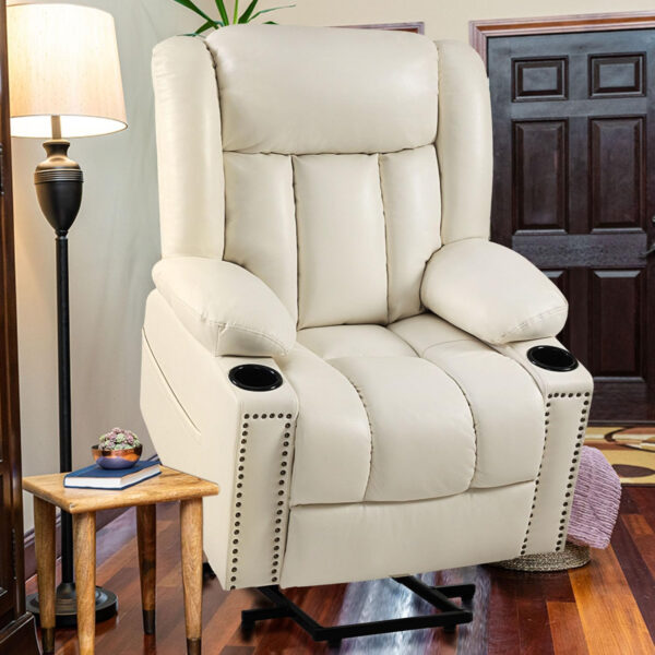 Large Power Lift Chairs Recliners for Elderly with Heated and Massage, Overstuffed Adjustable Lift Chairs, 3 Positions, Breathable Leather, USB-A and USB-C, Cup Holder, Side Pocket Dark Brown