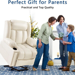 Large Power Lift Chairs Recliners for Elderly with Heated and Massage, Overstuffed Adjustable Lift Chairs, 3 Positions, Breathable Leather, USB-A and USB-C, Cup Holder, Side Pocket Dark Brown