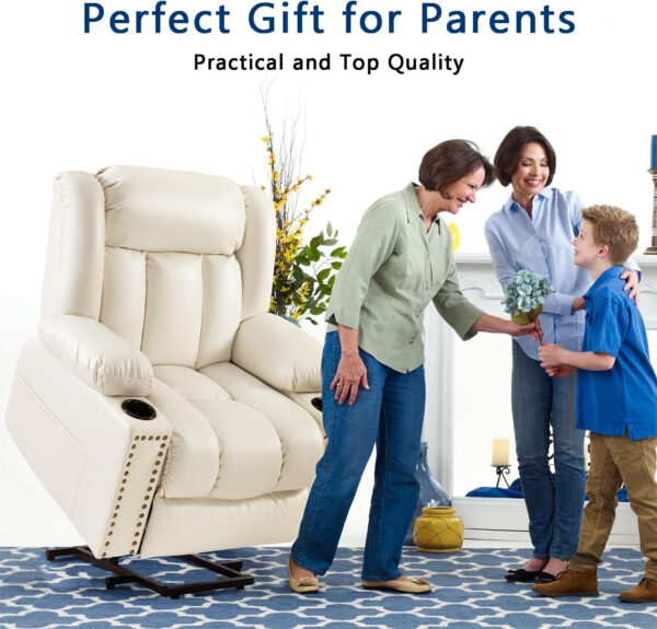 Large Power Lift Chairs Recliners for Elderly with Heated and Massage, Overstuffed Adjustable Lift Chairs, 3 Positions, Breathable Leather, USB-A and USB-C, Cup Holder, Side Pocket Dark Brown