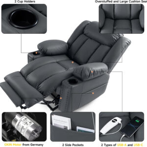 Large Power Lift Chairs Recliners for Elderly with Heated and Massage, Overstuffed Adjustable Lift Chairs, 3 Positions, Breathable Leather, USB-A and USB-C, Cup Holder, Side Pocket Dark Brown