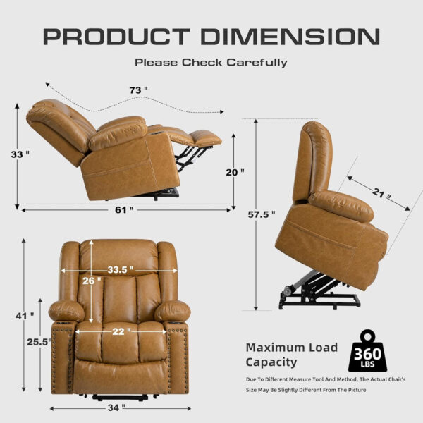Large Power Lift Chairs Recliners for Elderly with Heated and Massage, Overstuffed Adjustable Lift Chairs, 3 Positions, Breathable Leather, USB-A and USB-C, Cup Holder, Side Pocket Dark Brown