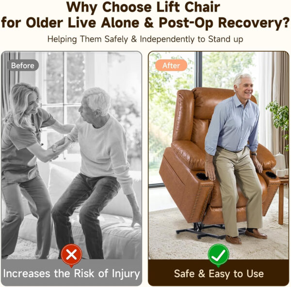 Large Power Lift Chairs Recliners for Elderly with Heated and Massage, Overstuffed Adjustable Lift Chairs, 3 Positions, Breathable Leather, USB-A and USB-C, Cup Holder, Side Pocket Dark Brown