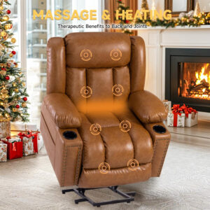 Large Power Lift Chairs Recliners for Elderly with Heated and Massage, Overstuffed Adjustable Lift Chairs, 3 Positions, Breathable Leather, USB-A and USB-C, Cup Holder, Side Pocket Dark Brown