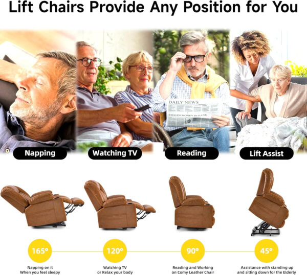 Large Power Lift Chairs Recliners for Elderly with Heated and Massage, Overstuffed Adjustable Lift Chairs, 3 Positions, Breathable Leather, USB-A and USB-C, Cup Holder, Side Pocket Dark Brown