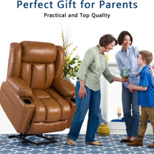 Large Power Lift Chairs Recliners for Elderly with Heated and Massage, Overstuffed Adjustable Lift Chairs, 3 Positions, Breathable Leather, USB-A and USB-C, Cup Holder, Side Pocket Dark Brown