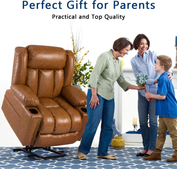 Large Power Lift Chairs Recliners for Elderly with Heated and Massage, Overstuffed Adjustable Lift Chairs, 3 Positions, Breathable Leather, USB-A and USB-C, Cup Holder, Side Pocket Dark Brown