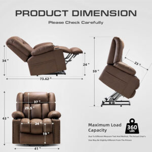 Large Power Lift Chairs Recliners for Elderly with Heated and Massage, Overstuffed Adjustable Lift Chairs, 3 Positions, Breathable Leather, USB-A and USB-C, Cup Holder, Side Pocket Dark Brown