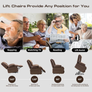 Large Power Lift Chairs Recliners for Elderly with Heated and Massage, Overstuffed Adjustable Lift Chairs, 3 Positions, Breathable Leather, USB-A and USB-C, Cup Holder, Side Pocket Dark Brown